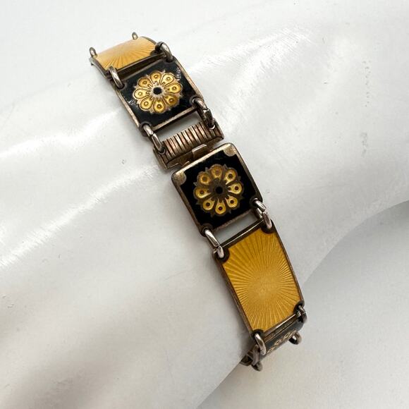 David Andersen Norway Sterling Silver Bracelet w Yellow Black Enamel 70s Signed - Picture 11 of 13
